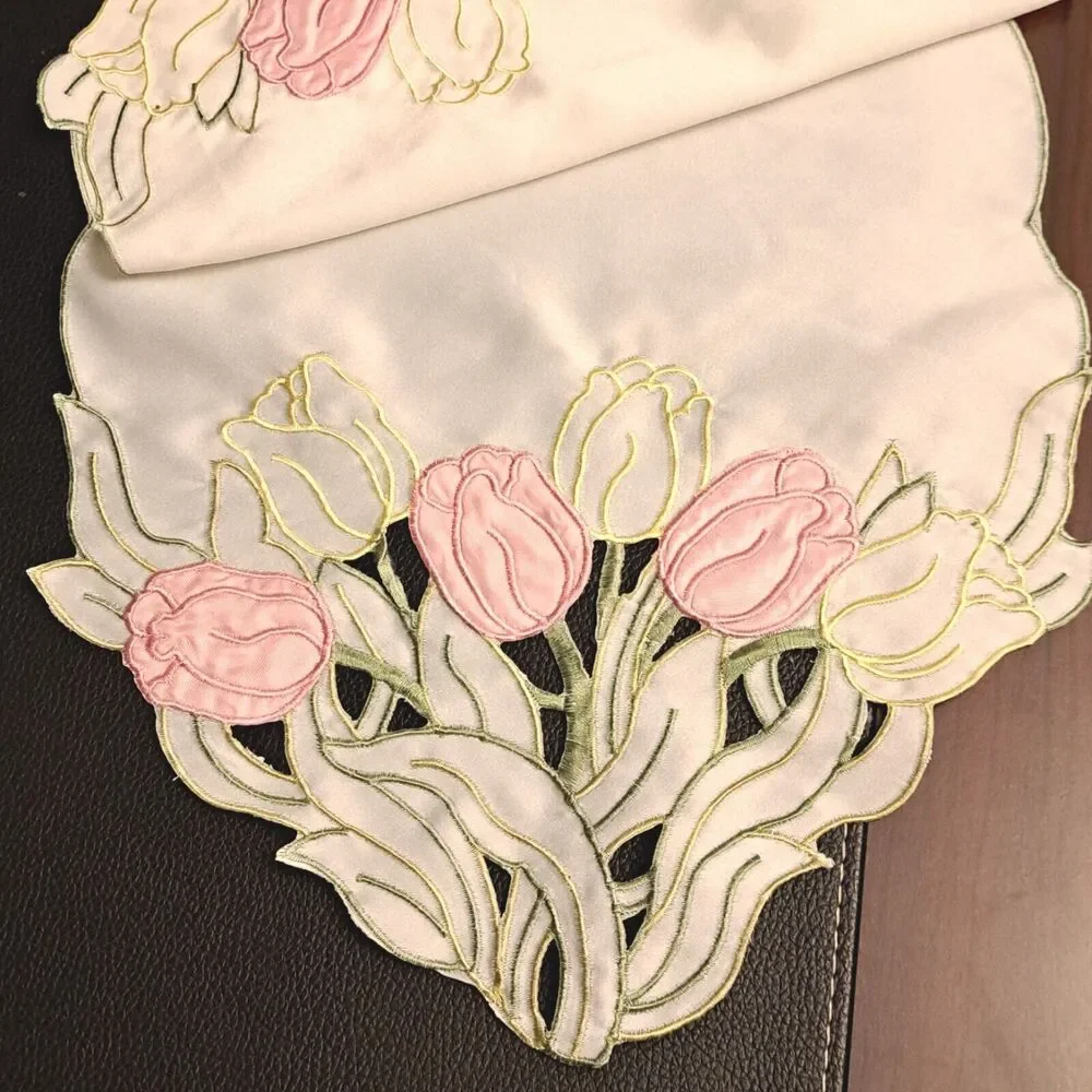 Tulips Floral Embroidery Table Runner White Beautiful 12.5 X 57 Inch